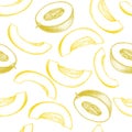 Seamless pattern with hand drawn melon. Sketch yellow melon slices. Tasty tropical fruit.