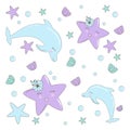 Seamless Pattern with Hand drawn with sea star, flowers and shells in pastel colors. Cute Illustration for baby showers,