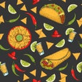 Seamless pattern with hand drawn Mexican food -  chili pepper,  guacamole, lime, jalapenos, nachos, tacos, burritos, tequila on Royalty Free Stock Photo