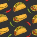 Seamless pattern with hand drawn Mexican food -  chili pepper,  tacos, burritos. Sketch. Cinco de Mayo Royalty Free Stock Photo