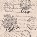 Seamless pattern with hand drawn Milan Cathedral, lettering Milan, hand drawn Sphinx, lettering Cairo and faded text