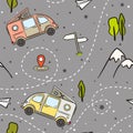 Seamless pattern of Hand-drawn minivans, mountains and trees