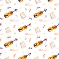 A seamless pattern with hand drawn music instruments on a watercolor background texture. Royalty Free Stock Photo