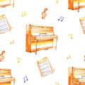 A seamless pattern with hand drawn music instruments on a watercolor background texture. Royalty Free Stock Photo