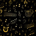 Seamless Pattern of Hand Drawn Music Symbols. Golden Doodle Treble Clef, Bass Clef, Notes and Lyre.