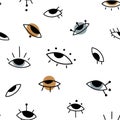 Seamless pattern with hand drawn mystic evil eyes on white