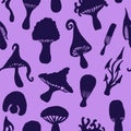 Seamless pattern with hand-drawn mystical mushrooms. Halloween black fungus silhouettes.