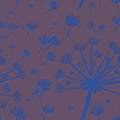 Seamless pattern with hand-drawn neon blue dandelions on brown background. packaging, wallpaper, textile, kitchen, utensil, fash