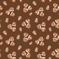 Seamless pattern with with hand-drawn nuts and acorns on broun background. Healthy diet. Modern background for packaging, ads,