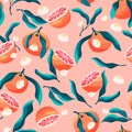 Seamless pattern with hand drawn oranges and floral elements. Fruit and floral design in bright colors. Colorful vector Royalty Free Stock Photo