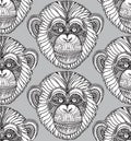 Seamless pattern with hand drawn ornate zentagle chimpanzee mon