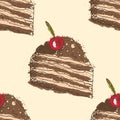 Seamless pattern with hand drawn outlines of chocolate cake with cherry with abstract fill on yellow background