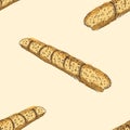 Seamless pattern with hand drawn outlines of french baguette on yellow background