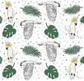 Seamless pattern of hand drawn parrot and leaves