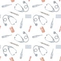 Seamless pattern with hand drawn pastel vial of blood, pills and medicines, medical thermometer, stethoscope, syringe Royalty Free Stock Photo