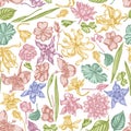 Seamless pattern with hand drawn pastel ylang-ylang, impatiens, daffodil, tigridia, lotus, aquilegia