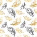 Seamless pattern, hand drawn peacock feathers on a white background. Background, print, elegant textile Royalty Free Stock Photo