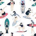 Seamless pattern with hand drawn people surfing