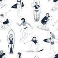 Seamless pattern with hand drawn people surfing