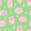 Seamless pattern of hand-drawn pigs and Christmas trees on an isolated green background. Vector illustration of piglets for the Ne