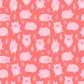 Seamless pattern of hand-drawn pigs and Christmas trees on an isolated red background. Vector illustration of piglets for the New