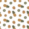 Seamless pattern with hand-drawn pineapple, orange slices, kiwi and peach. Fruit print Royalty Free Stock Photo