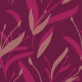 Seamless pattern with hand-drawn pink and beige plants on purple background. Elegant linen, bedclothing, print, packaging, wallpap