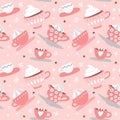 Seamless pattern with hand drawn pink Valentine`s Day romantic cute cups, mugs, hearts, coffee, cocoa and more. Vector Royalty Free Stock Photo