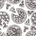 Seamless pattern with hand drawn Pizza sketches. Vector Italian food drawing. Engraving style Fast food background for cafe or piz