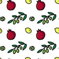 Seamless pattern with hand drawn pomegranade, olive branch, green lime and yellow limon.
