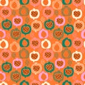 Seamless pattern with hand drawn pomegranates colorful summer vibes.Vector illustration EPS10 ,Design for fashion , fabric, Royalty Free Stock Photo