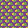 Seamless pattern with hand drawn pumpkin leaves and flowers. Purple background. Royalty Free Stock Photo