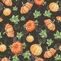 Seamless pattern with hand drawn pumpkin, leaves, skulls and bones on black background. Halloween wallpaper