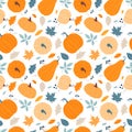 Seamless pattern with hand drawn pumpkins and leaves. Design for Thanksgiving Day. Royalty Free Stock Photo