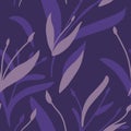 Seamless pattern with hand-drawn purple and beige plants and branches on purple background. Elegant linen, bedclothing, print, pac