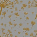 Seamless pattern with hand-drawn purple with dandelions on gray background. packaging, wallpaper, textile, kitchen, utensil, fashi
