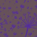 Seamless pattern with hand-drawn purple with dandelions on gray background. packaging, wallpaper, textile, kitchen, utensil, fashi