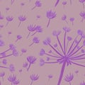 Seamless pattern with hand-drawn purple with dandelions on pink background. packaging, wallpaper, textile, kitchen, utensil, fashi