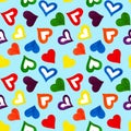 Seamless pattern hand drawn rainbow color hearts on blue background isolated, colorful watercolor painted heart repeating ornament Royalty Free Stock Photo