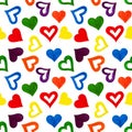 Seamless pattern hand drawn rainbow colors hearts on white background isolated, colorful watercolor painted heart ornament Royalty Free Stock Photo