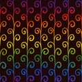 Seamless pattern of hand-drawn rainbow spirals on lines. Multicolored swirls connected to vertical stripes on black Royalty Free Stock Photo