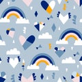 Seamless pattern with hand drawn rainbows, hearts and clouds.