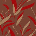 Seamless pattern with hand-drawn red and beige plants and branches on red background. Elegant linen, bedclothing, print, packaging