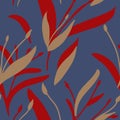 Seamless pattern with hand-drawn red and beige plants and branches on blue background. Elegant linen, bedclothing, print, packagin