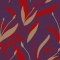 Seamless pattern with hand-drawn red and beige plants and branches on dark purple background. Elegant linen bedclothing print
