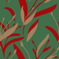 Seamless pattern with hand-drawn red and beige plants and branches on green background. Elegant linen, bedclothing, print, packagi