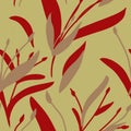 Seamless pattern with hand-drawn red and beige plants and branches on yellow background. Elegant linen, bedclothing, print, packag