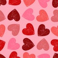 Seamless Pattern of Hand-Drawn Red and Burgundy Hearts on Pink Background. Style of Children\'s Drawing Royalty Free Stock Photo