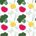 Seamless pattern with hand drawn red and green vegetables. Flat tomato, broccoli. Vegetarian healthy food vector texture