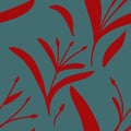 Seamless pattern with hand-drawn red plants and branches on blue background. Linen, bedclothing, print, packaging, wallpaper, text
